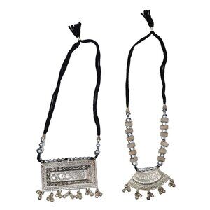 Set of 2 Handmade Ornate Silver Pendant Necklaces Yarn Cord Statement Jewelry